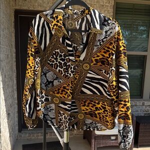 SHEIN Baroque V Neck Animal Print Blouse Black and Gold Size Medium